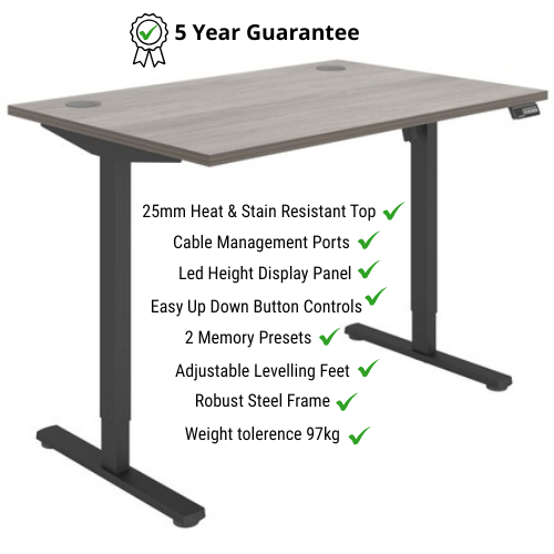 Core Electric Single Motor Height Adjustable Sit Stand Desk 1200 x 800 Alaskan Grey Oak Top and Black frame 5 Year Warranty